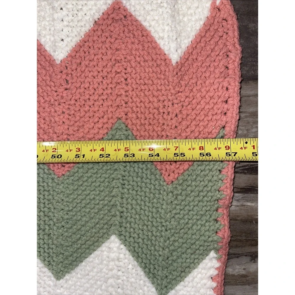 Vintage Crochet Afghan Blanket Zig Zag Chevron Pink Sage Green 61 x 57 In